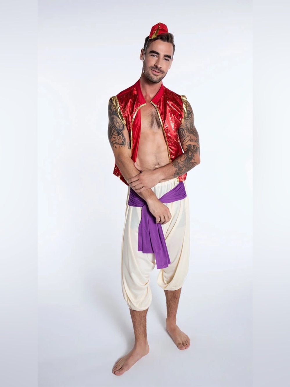 Leg Avenue Red and Purple Genie Costume Vest with Cream Harem Pants